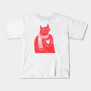 Chic red cat with scarf and heart Kids T-Shirt